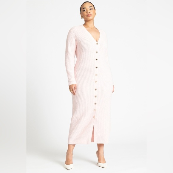Eloquii Heart Shaped Button Pink VNeck Sweater Dress - Picture 1 of 10